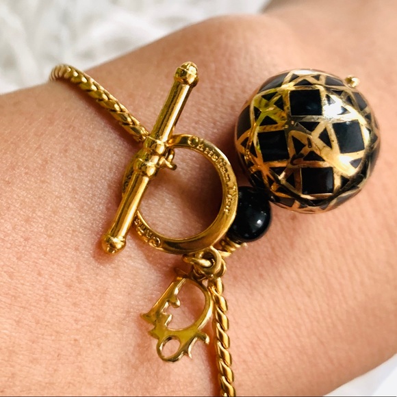 CHRISTIAN DIOR T-BAR BLACK GOLD CHARM BRACELET - Picture 2 of 4
